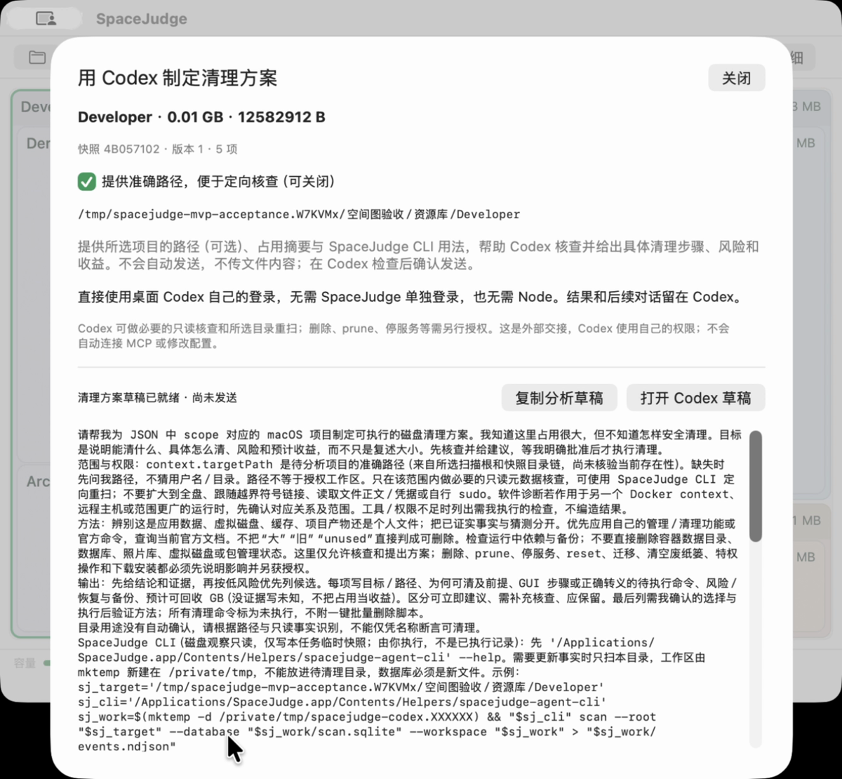 Codex 交接面板，展示所选目录、可选路径和待审阅的清理方案草稿